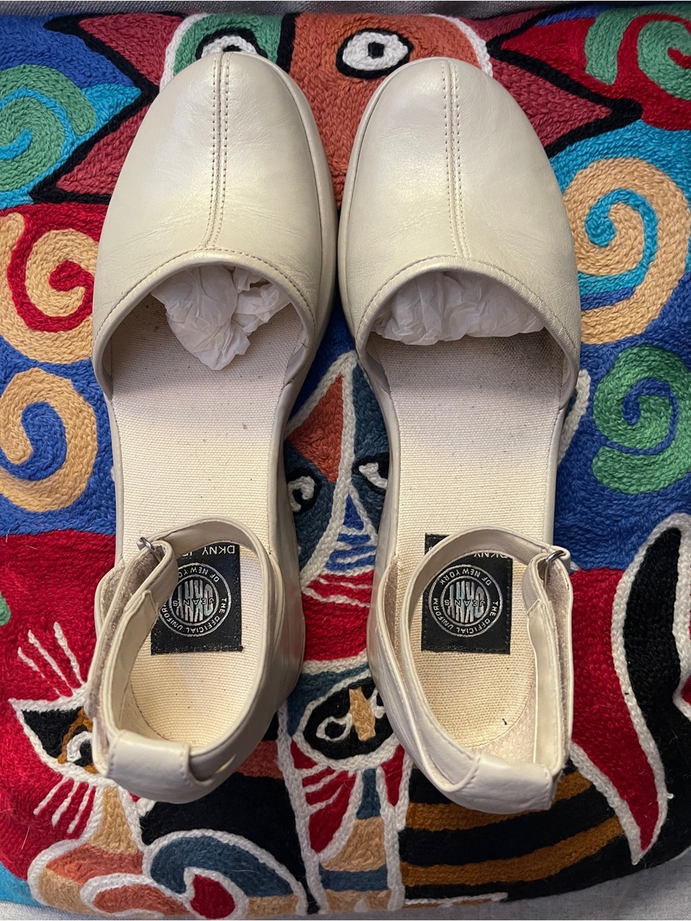 DKNYC Cream Ankle-Strap Wedge Flats
